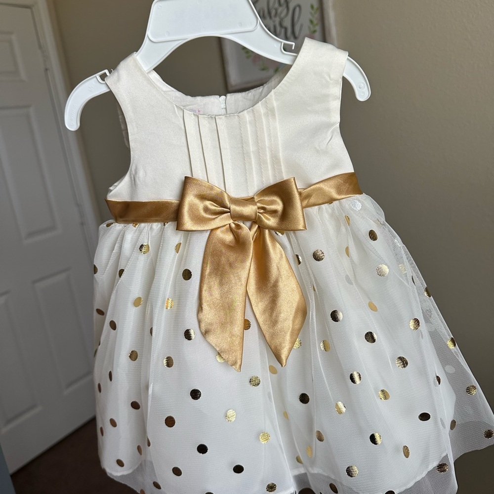 Elegant White and Gold Polka Dot Dress